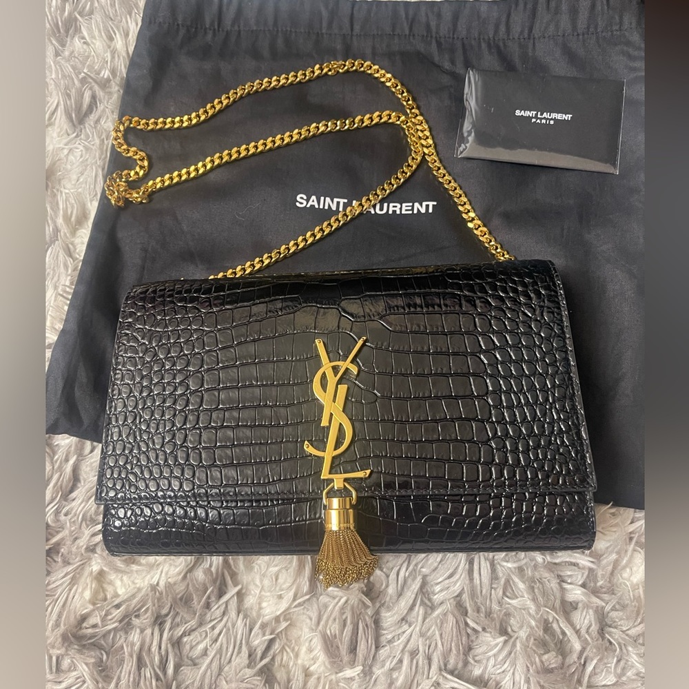 YSL Saint Laurent Kate Medium Tassel YSL Crossbody Bag in Croc-Embossed Leather
